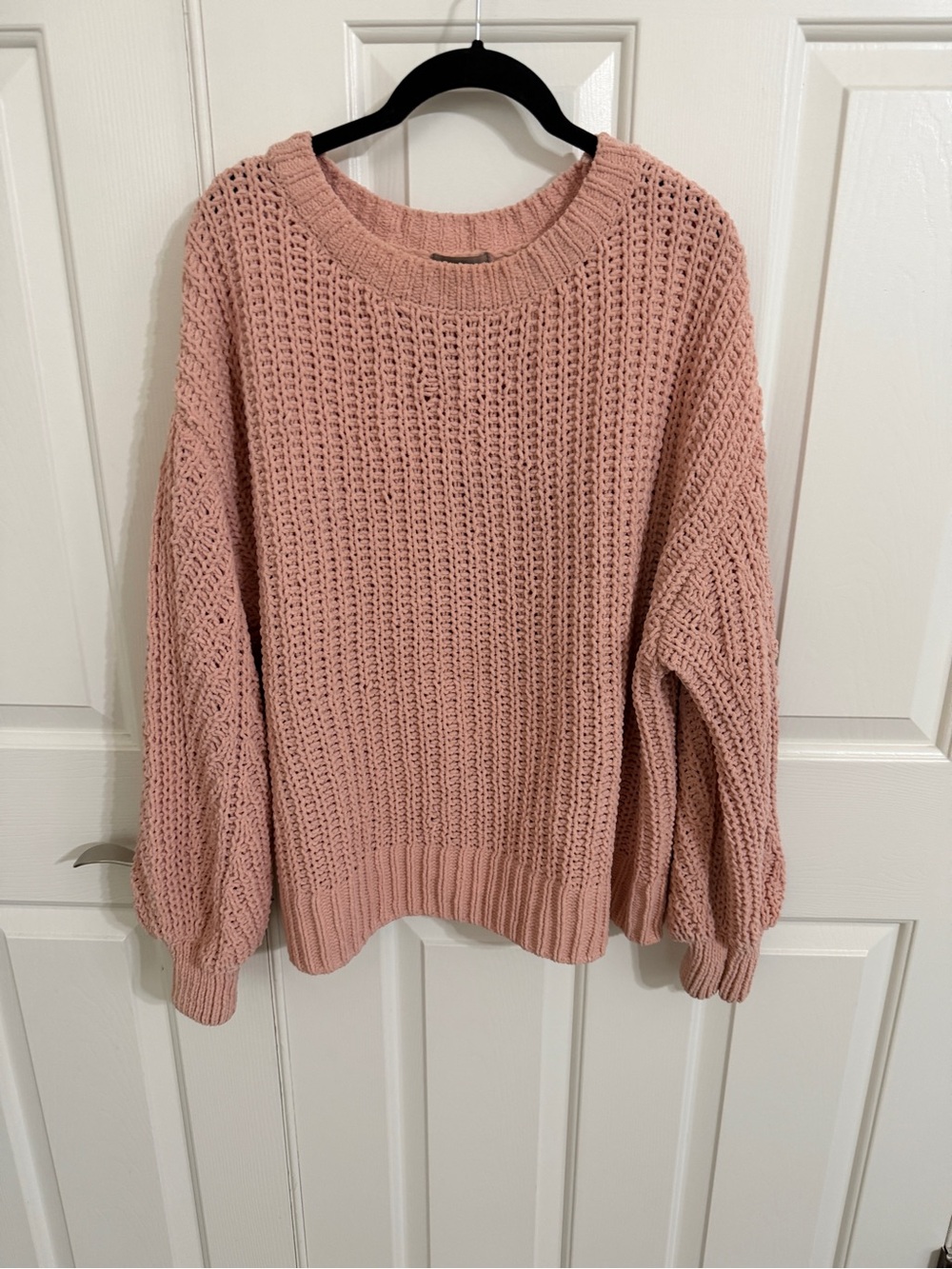 H&M Large Peach Chenille Chunky Knit Sweater Bishop Puff Sleeves
